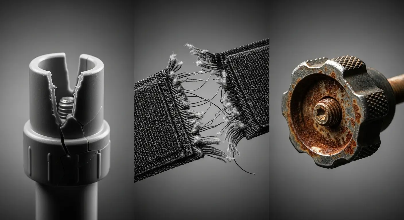 Detailed view of a cracked plastic connector versus a solid steel joint on a pickleball net frame.