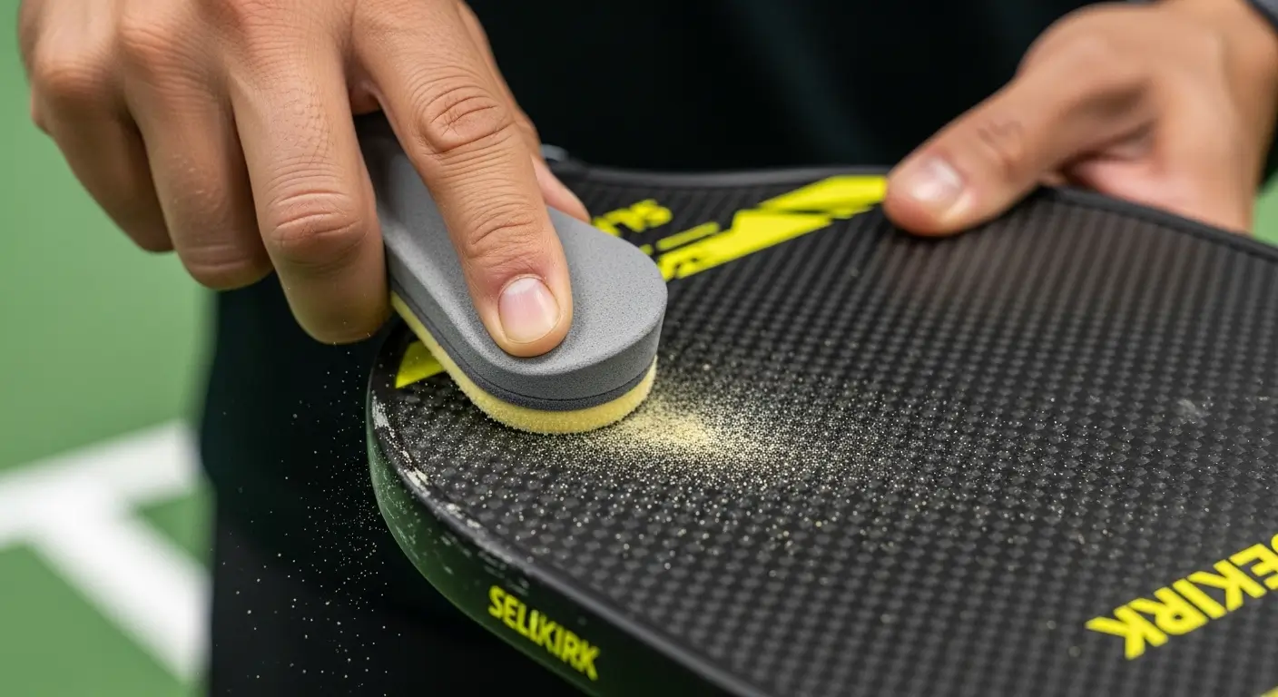 A person using a rubber paddle eraser to clean the surface of a pickleball paddle, removing ball dust and restoring texture.