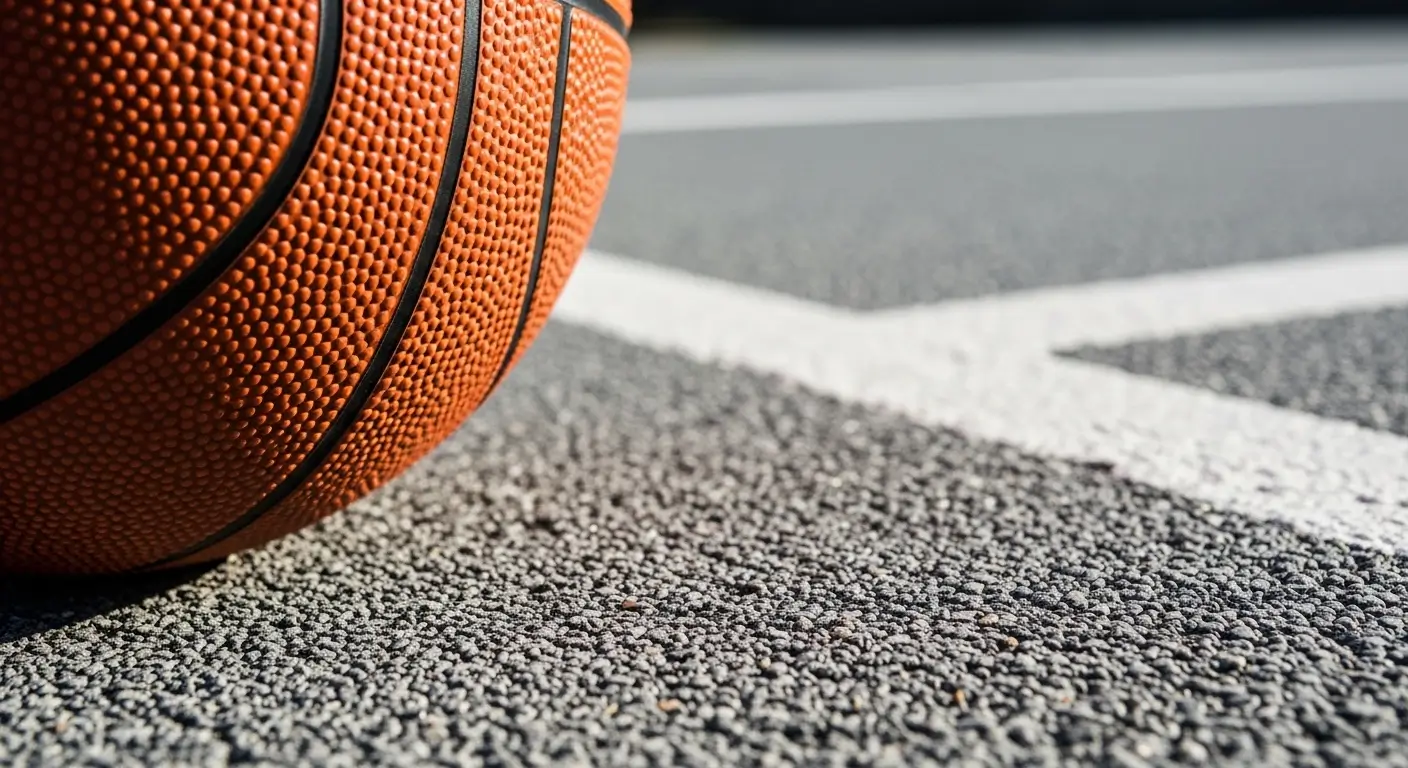 A high-grip composite indoor-outdoor basketball resting on a textured acrylic driveway court surface.