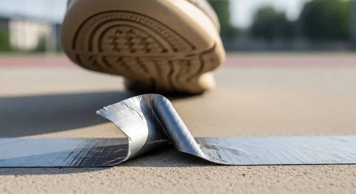 Athlete's shoe approaching a curled, lifted duct tape line creating a tripping hazard on a court