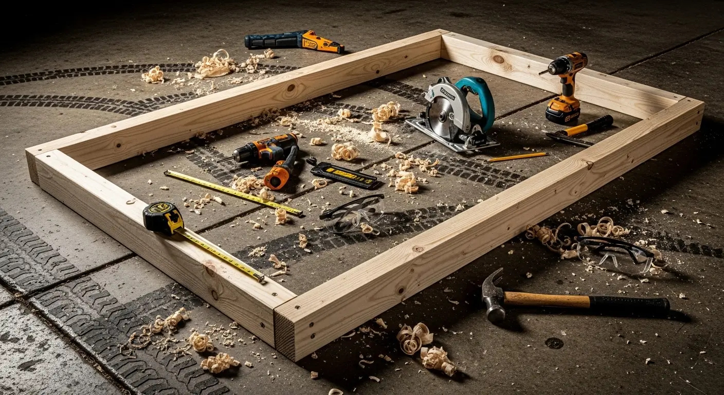 Internal view of a 2x4 pressure-treated wood frame for a 4x8 tennis rebounder wall