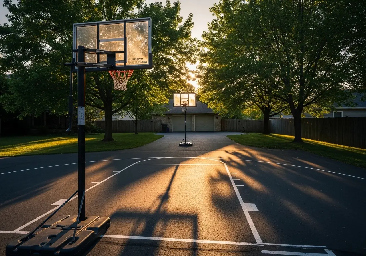 Wide shot of a driveway basketball hoop showing long shadows at 4:00 PM to demonstrate proper court orientation.