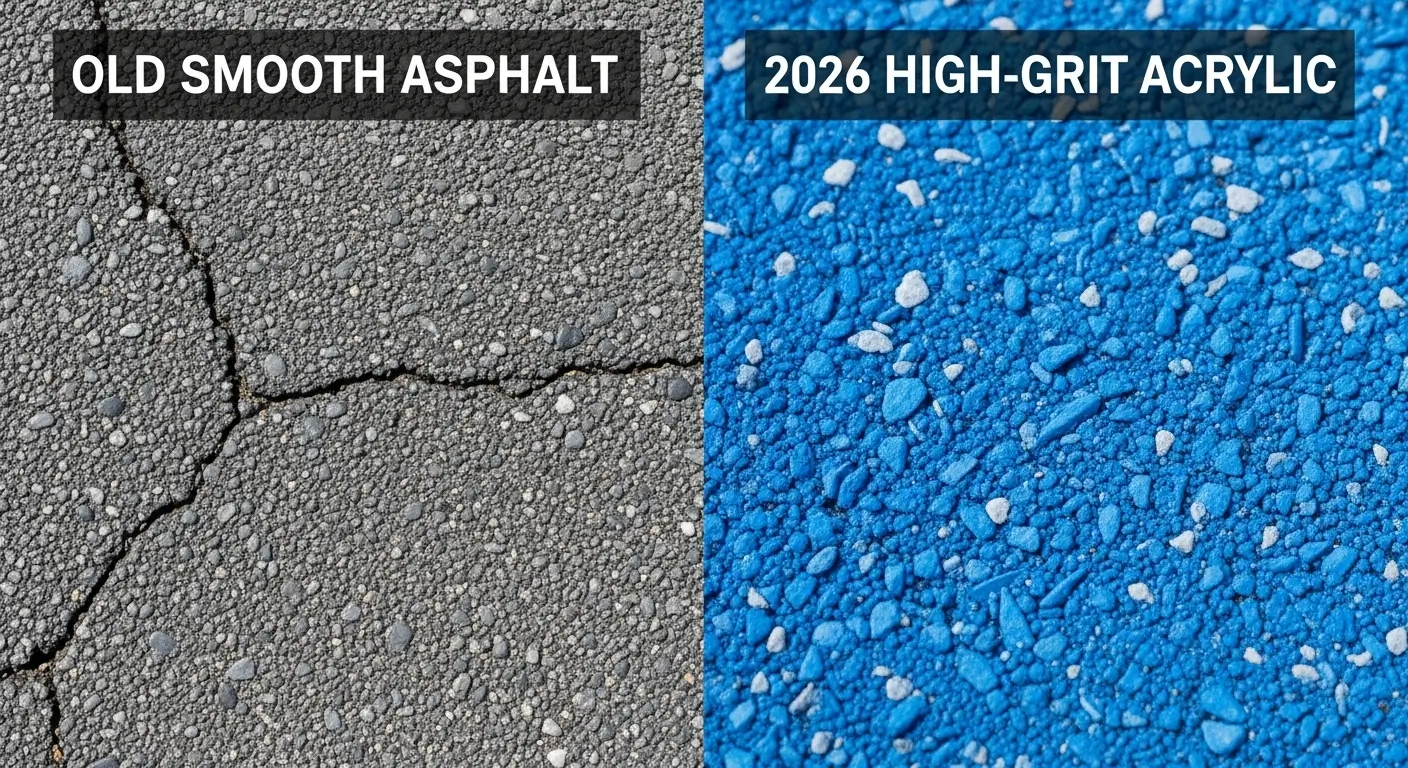 Macro comparison showing smooth older court asphalt versus modern high-grit acrylic court coating with angular silica sand.