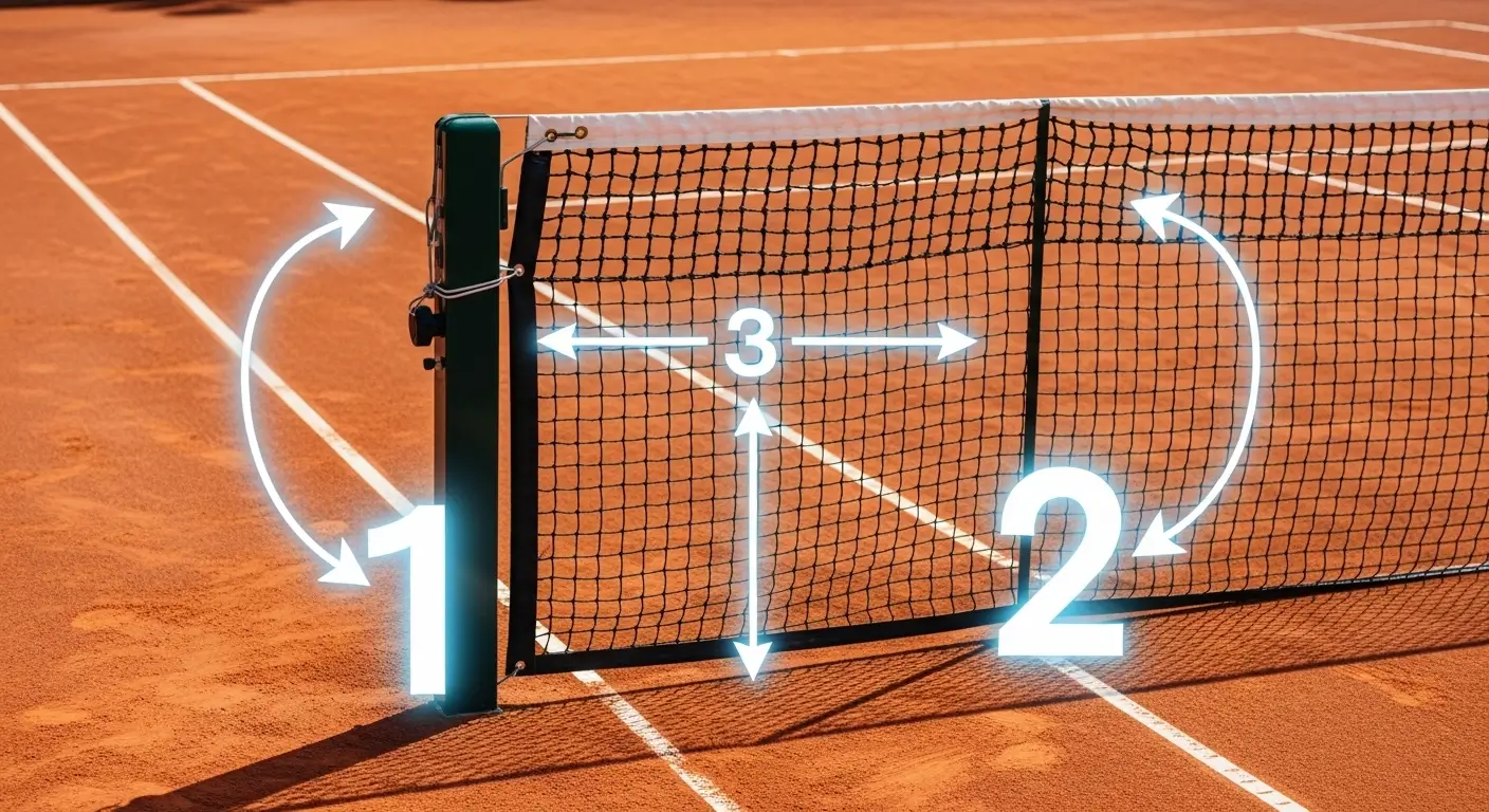 Infographic showing the correct sequence to tighten side buckles before the center strap on a pickleball net.