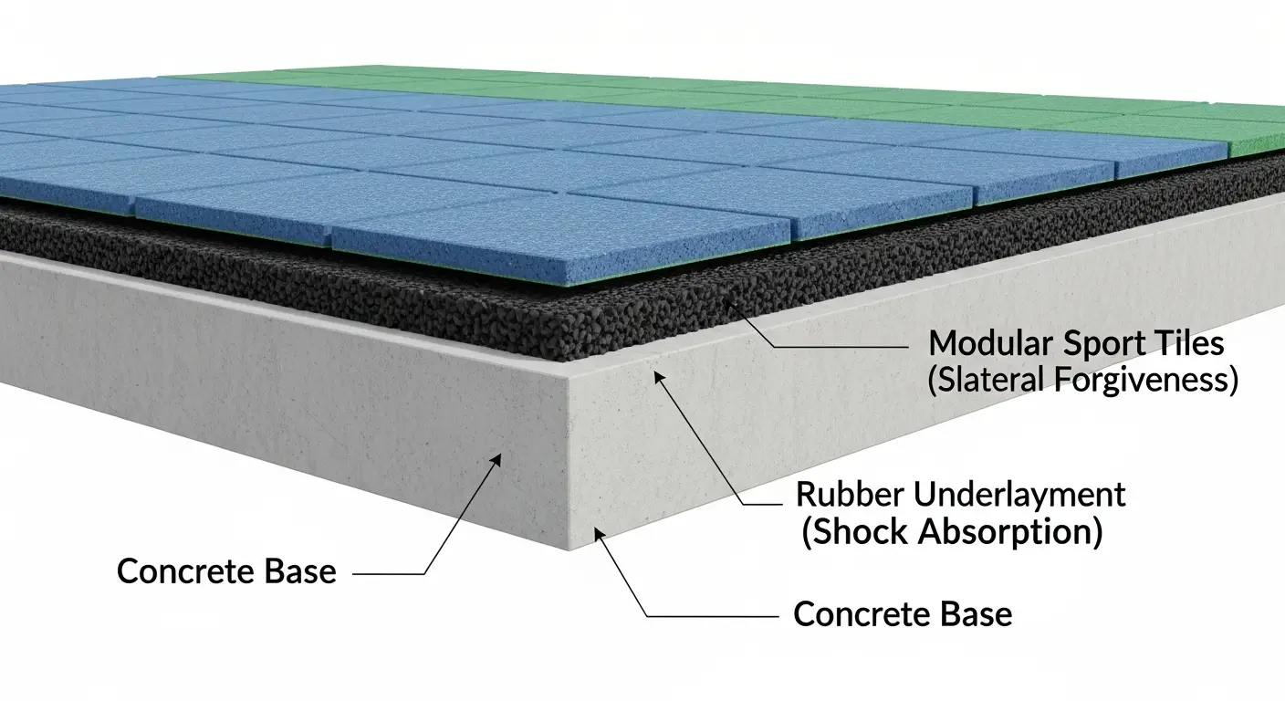 Cross-section diagram illustrating a hybrid court strategy: concrete base, rubber underlayment, and modular tiles for enhanced knee comfort.