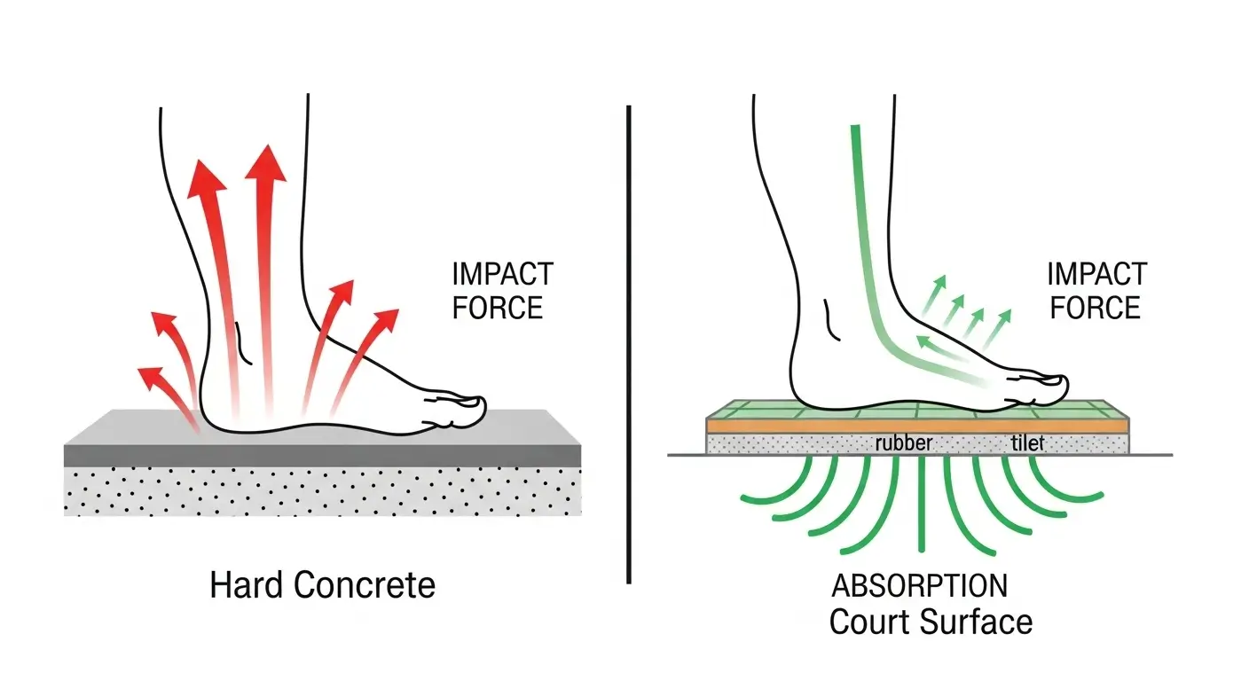 Diagram illustrating impact attenuation comparing harsh force return on concrete versus soft absorption on a cushioned sport court surface.