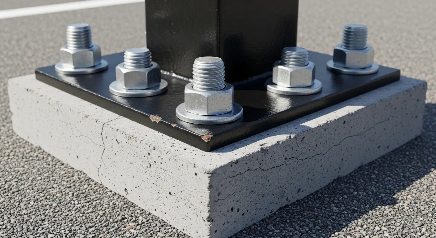 Close-up of a professional basketball hoop bolt-down anchor plate secured into a deep concrete pier.