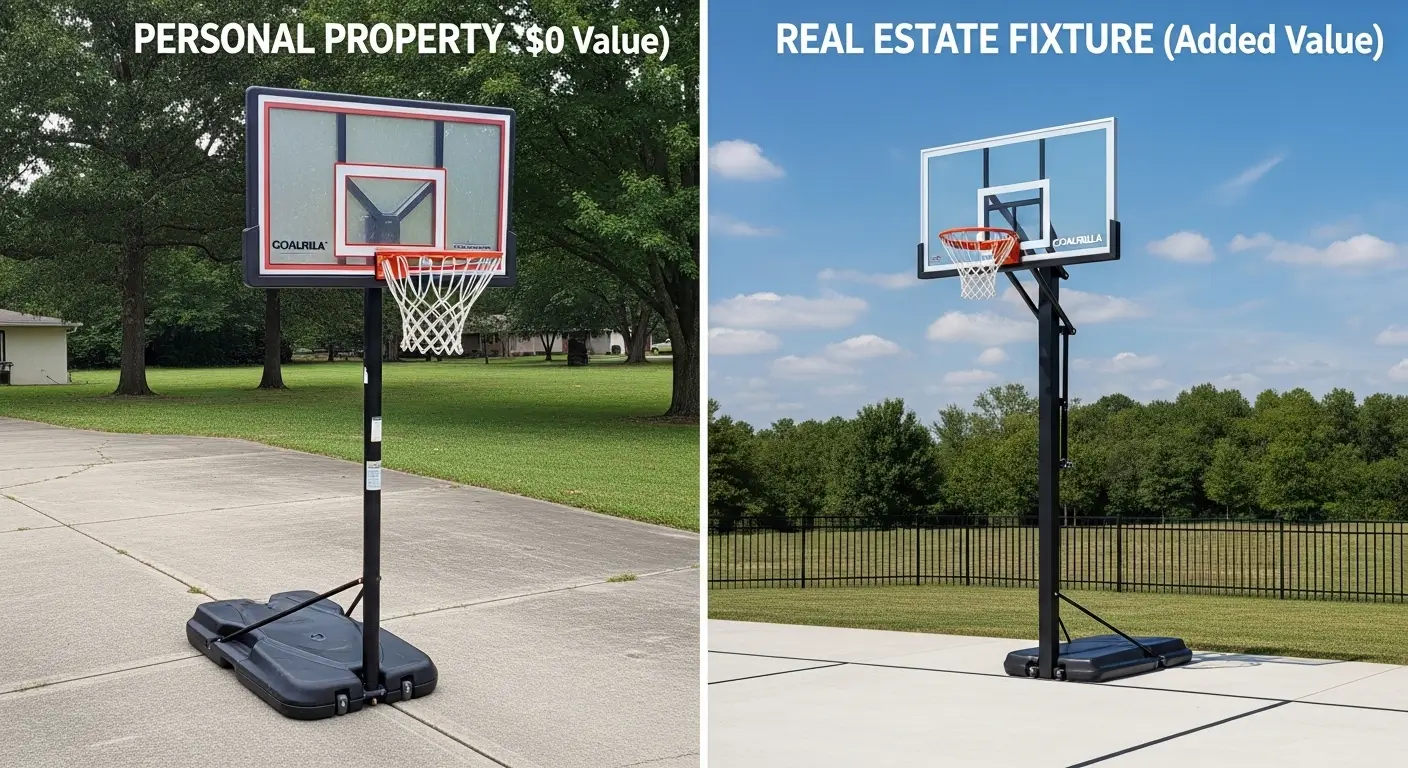 A split-screen comparison showing a rusty portable basketball hoop versus a high-end in-ground system, highlighting the difference in appraised home value.