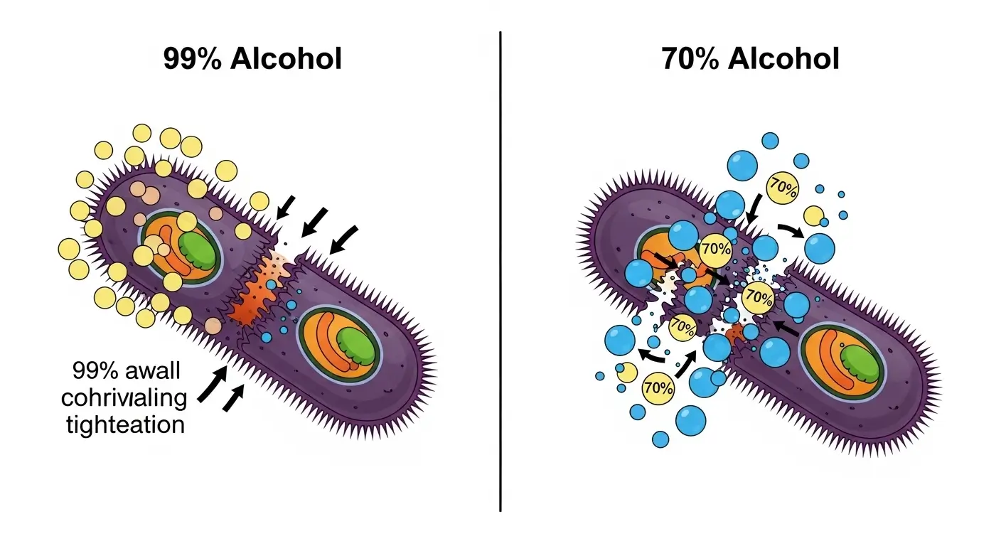 Molecular diagram comparing 70% vs 99% isopropyl alcohol effectiveness on bacterial cell walls.
