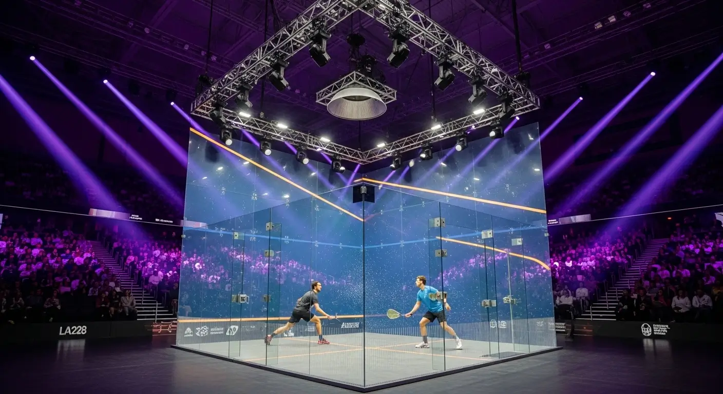 A futuristic 4-wall glass squash show court designed for the LA28 Olympic Games, featuring advanced lighting and an adjustable motorized tin for future-proofing facilities.