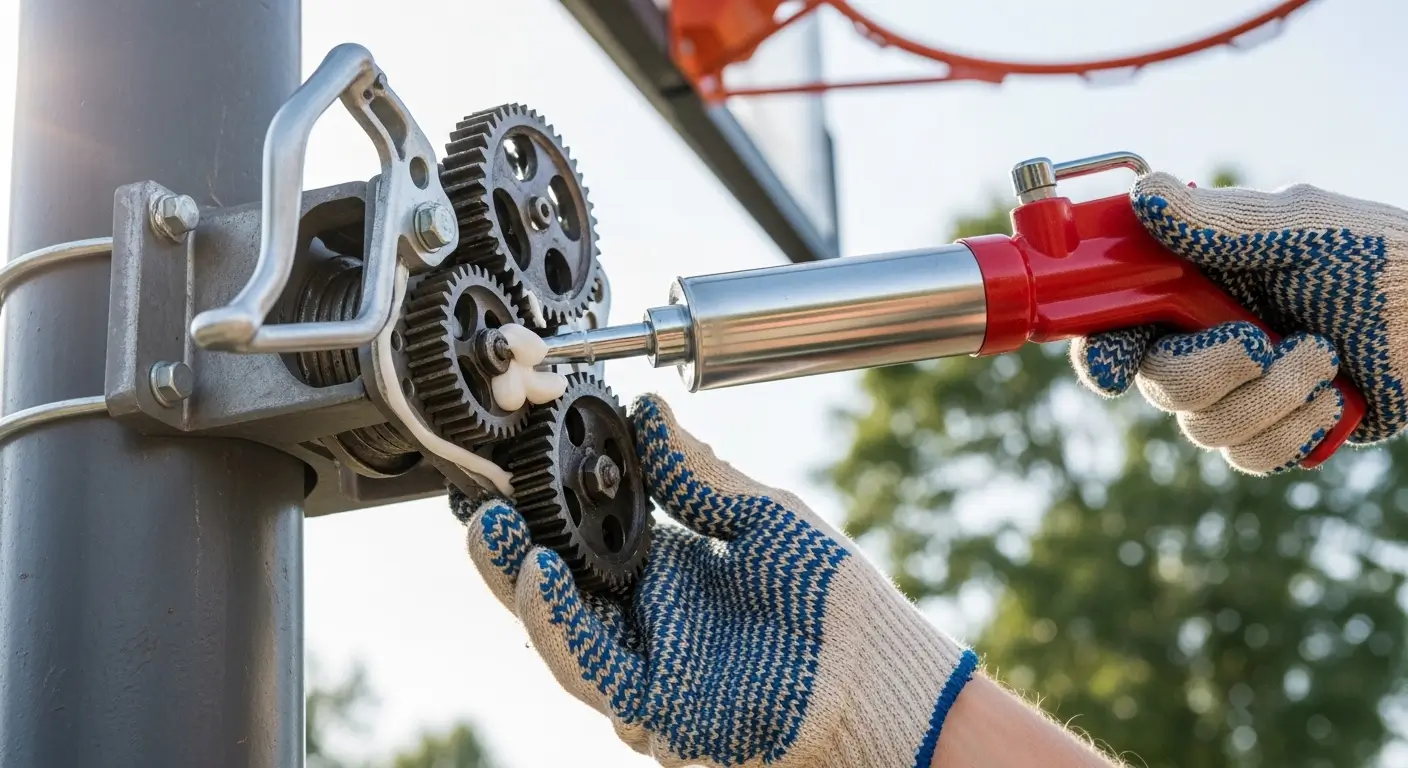 Applying lithium-based grease to the height adjustment actuator of an adjustable basketball hoop.