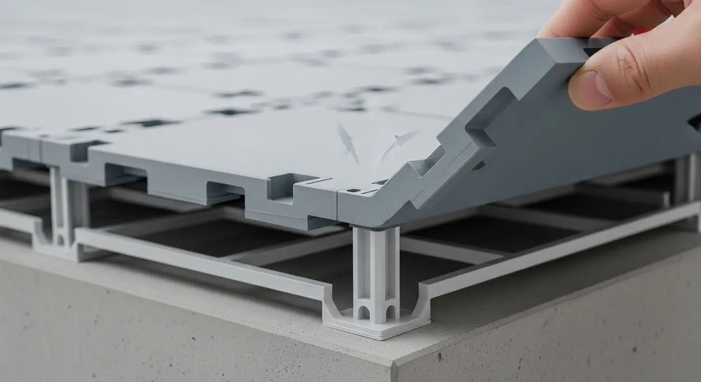 Close-up of suspended polypropylene modular tiles showing their flexing design for shock absorption and joint protection.