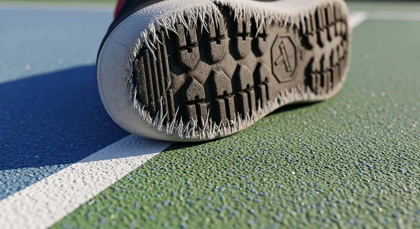 A worn-out athletic shoe sole showing the abrasive effects of an outdoor pickleball court