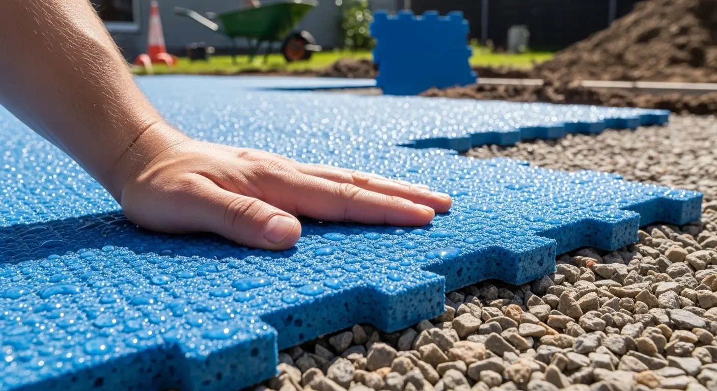 Close-up of permeable pickleball court tiles being installed for better backyard drainage.