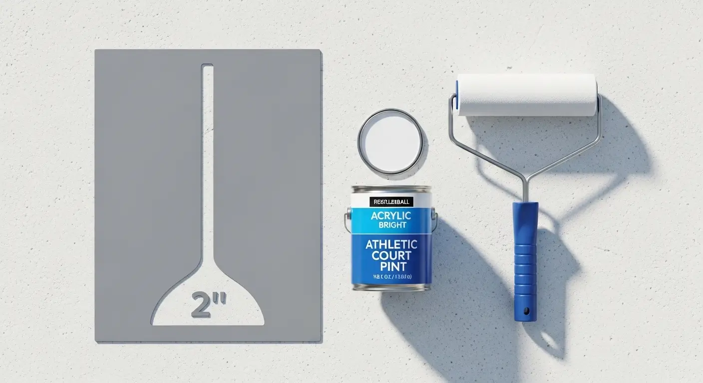 Professional tools for painting pickleball court lines, including a stencil, acrylic paint, and roller