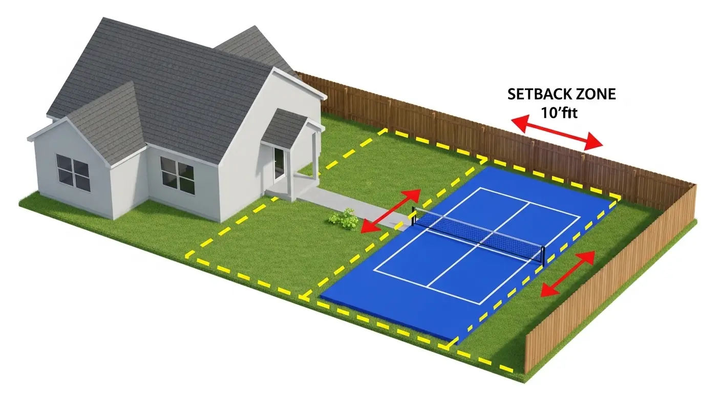 Architectural 3D diagram showing pickleball court setback requirements from a property line.