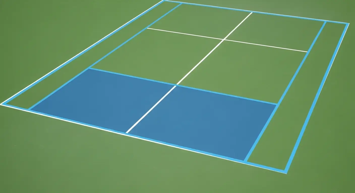 Blue pickleball court lines clearly painted over a green tennis court surface for multi-sport use.
