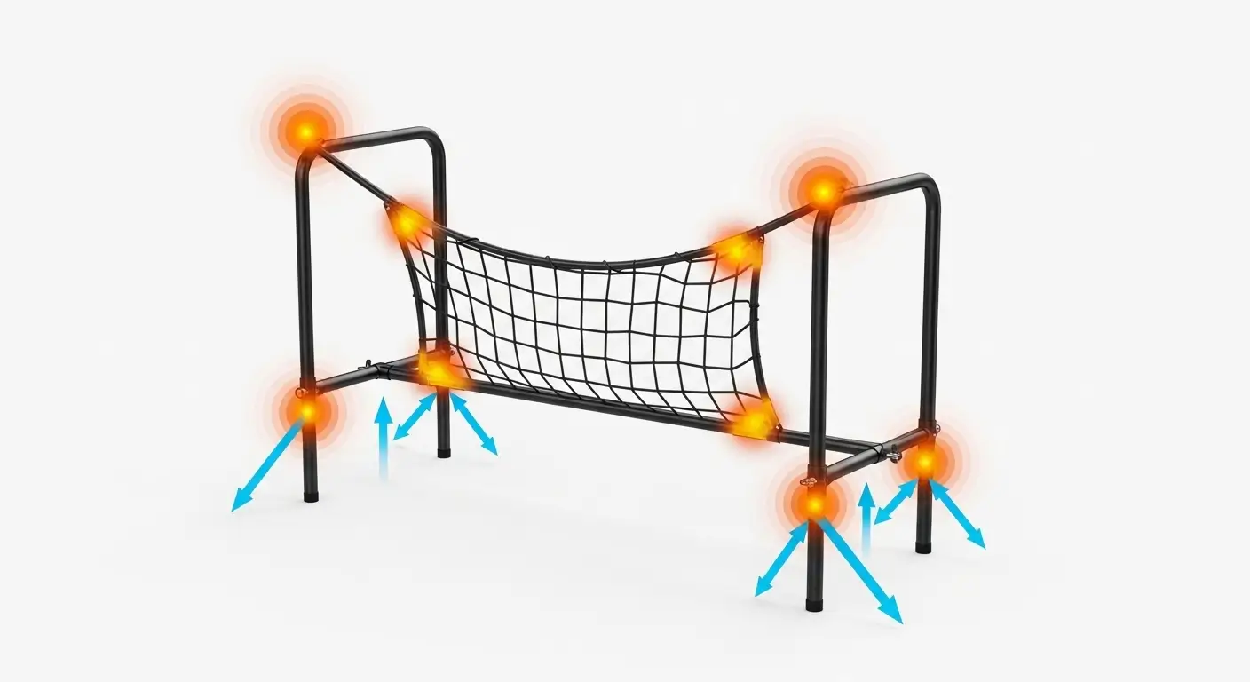 Technical diagram of a portable pickleball net showing end poles bowing inward due to tension fatigue.