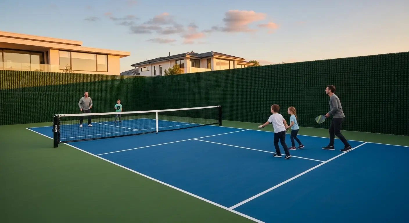 Acoustic sound-dampening fence installed around a residential pickleball court to reduce noise for neighbors.