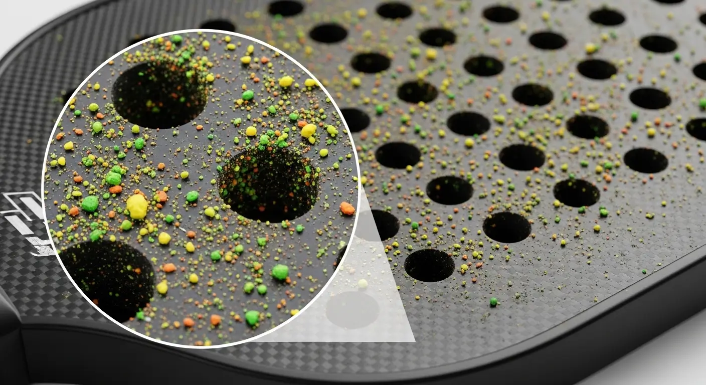 Close-up of pickleball paddle with visible plastic ball dust trapped in the grooves of the surface