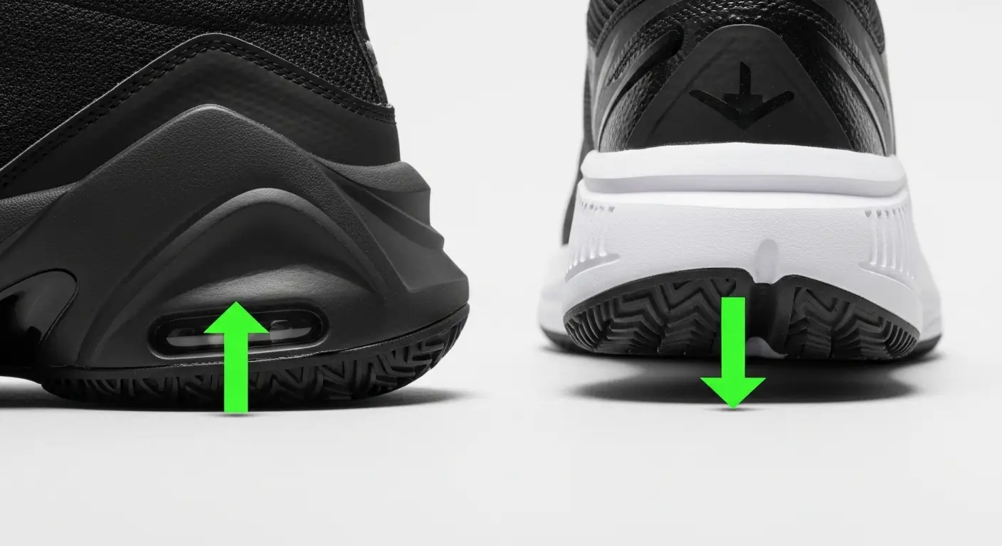 Close-up showing the difference in sole thickness between basketball shoes and stable pickleball shoes.