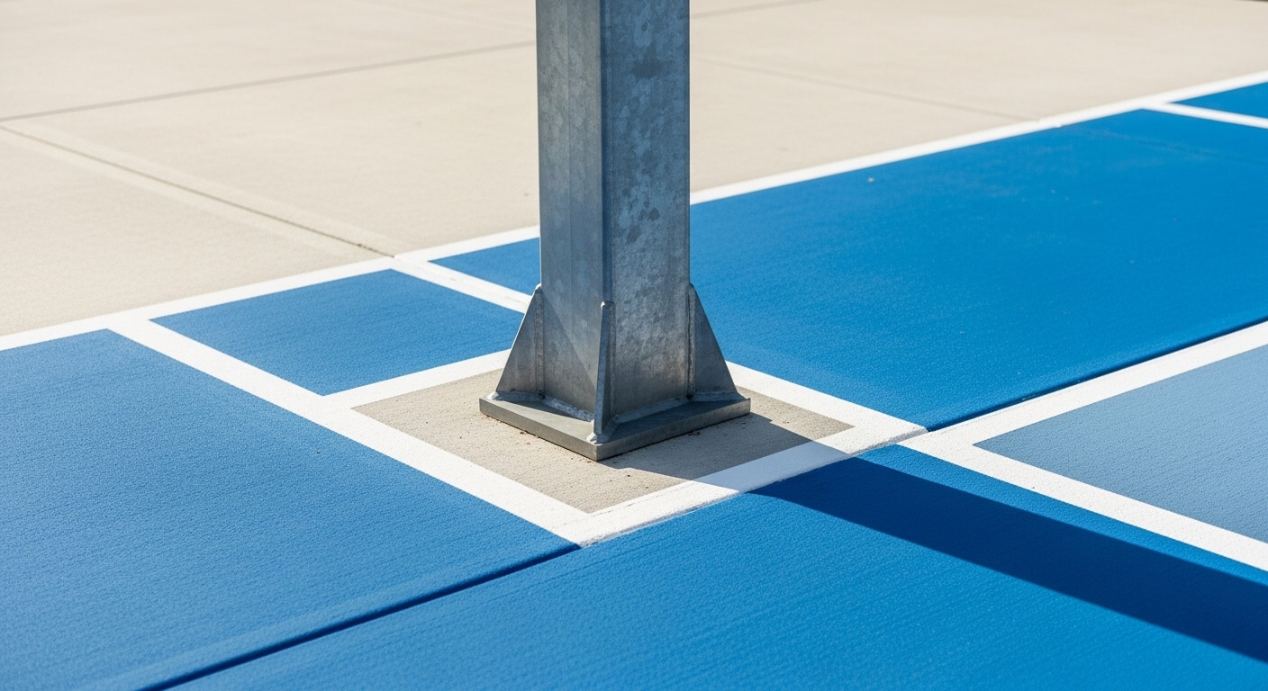 Stable basketball hoop base protecting painted pickleball lines on a multi-sport driveway.