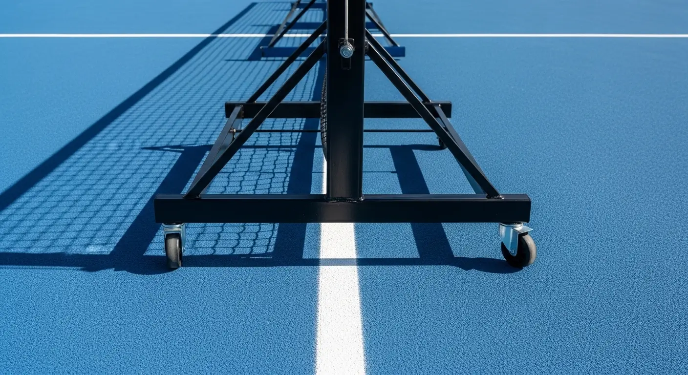 Portable pickleball net base standing safely on a court with fresh white lines, avoiding scuffing.