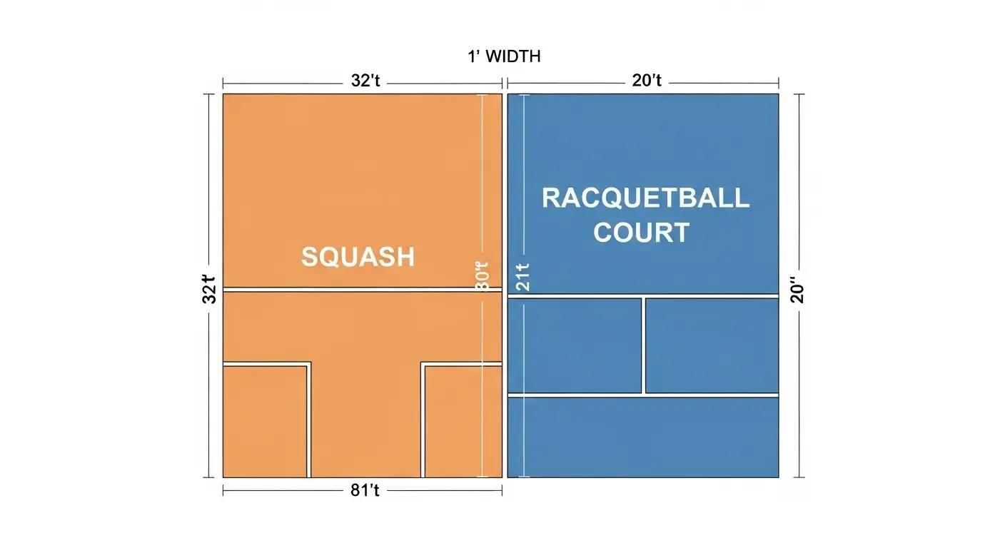 echnical blueprint diagram showing the geometry gap between squash vs racquetball court size, detailing specific racquetball court dimensions in meters and feet compared to international squash standards.