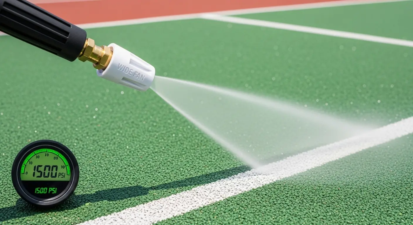 Safe pressure washing distance and wide fan tip for cleaning sport court tiles