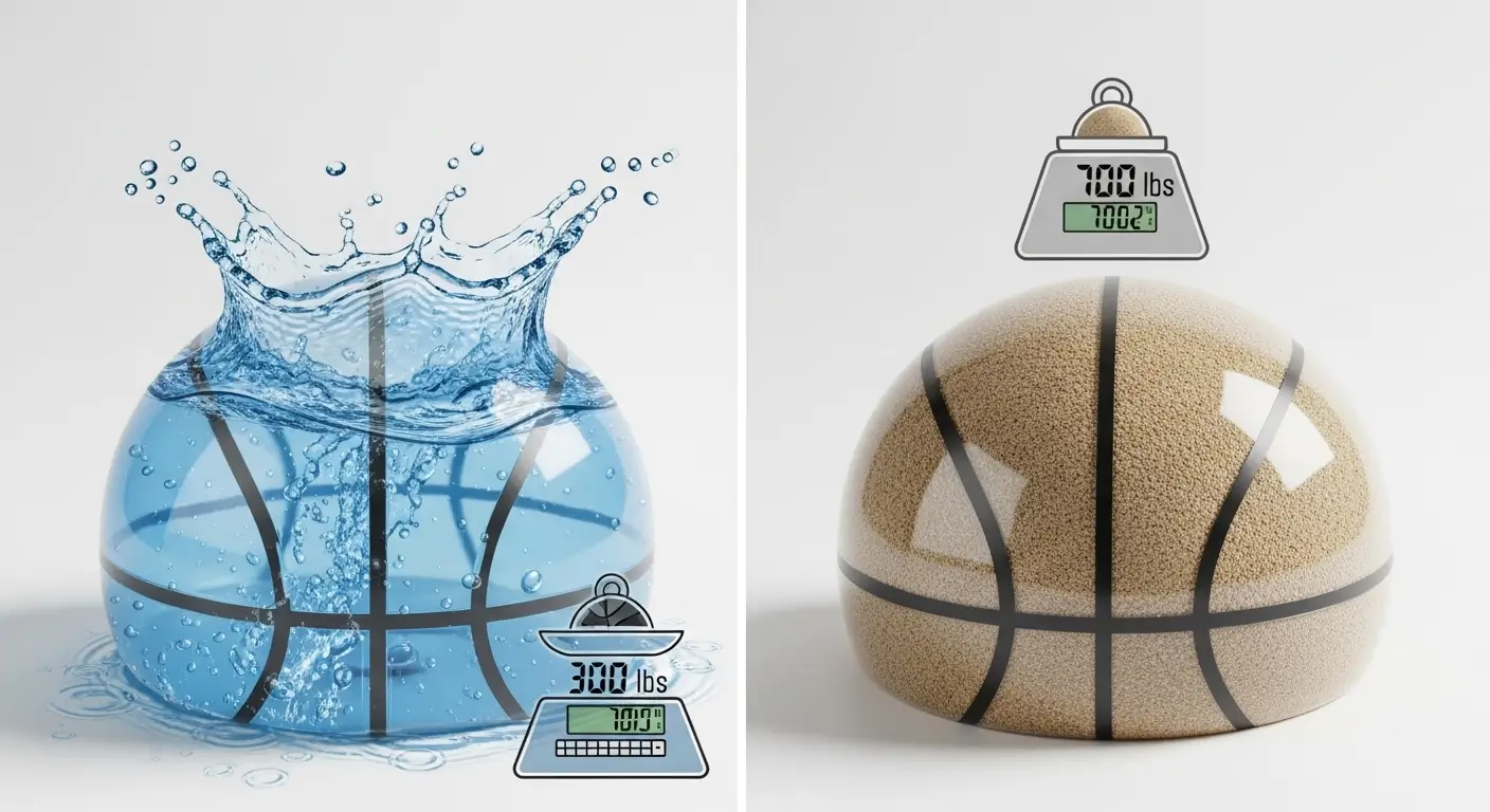 Comparison of a basketball hoop base filled with sand versus water for maximum weight.