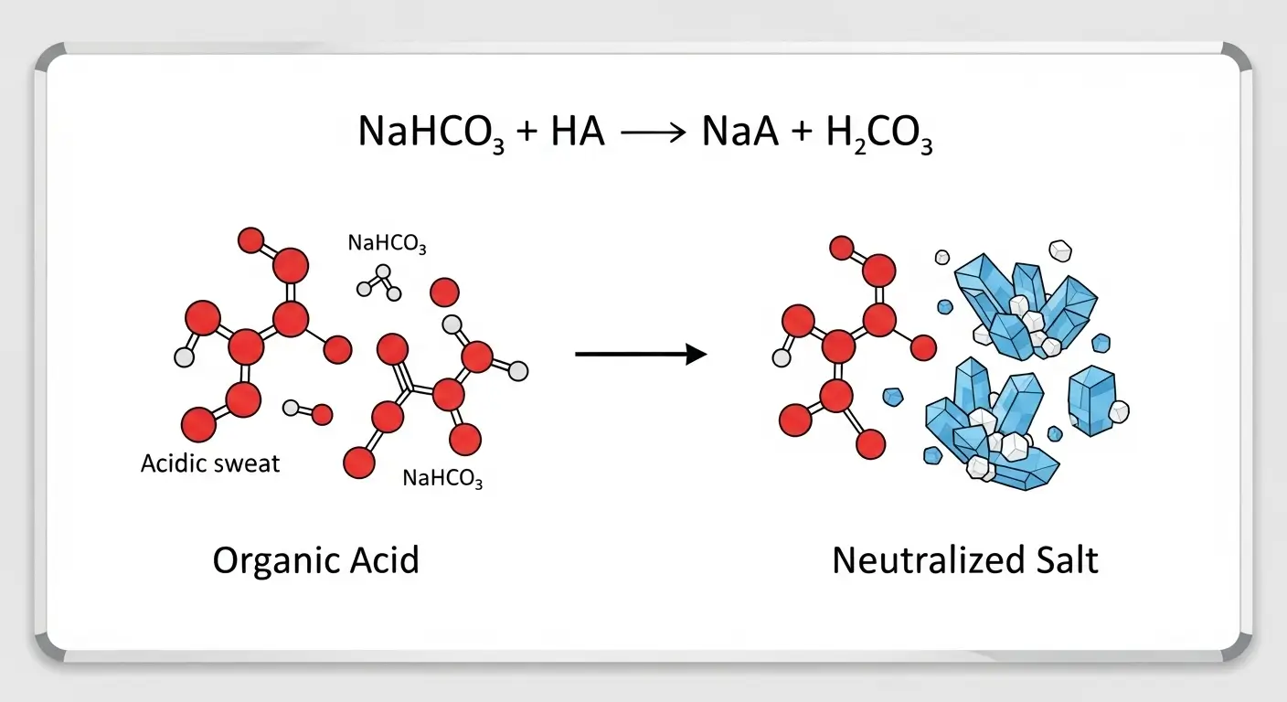 Chemical reaction chart showing baking soda neutralizing acidic sweat molecules into odorless salts.