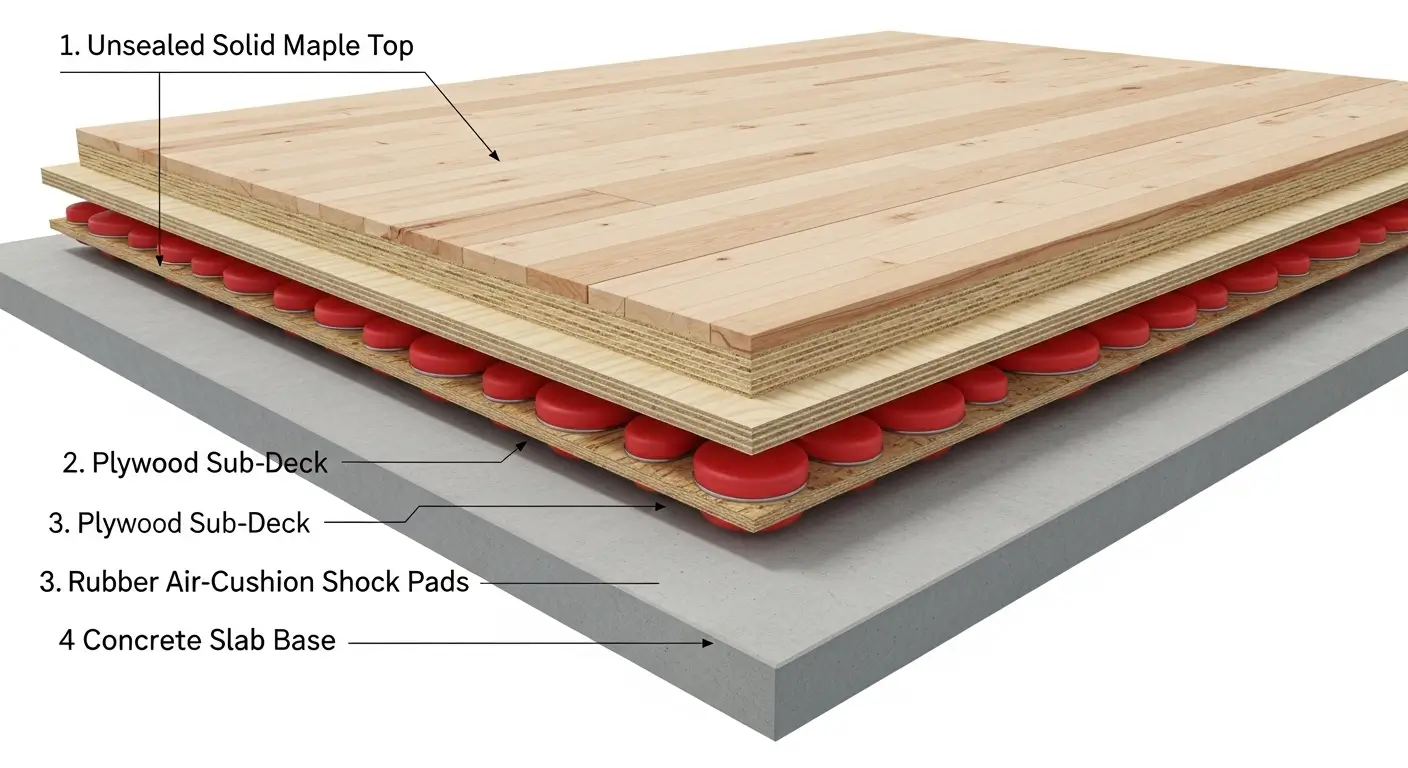 Engineering cross-section view of a dual-layered maple floating subfloor system designed to provide stability and shock absorption for high-friction indoor sports courts.