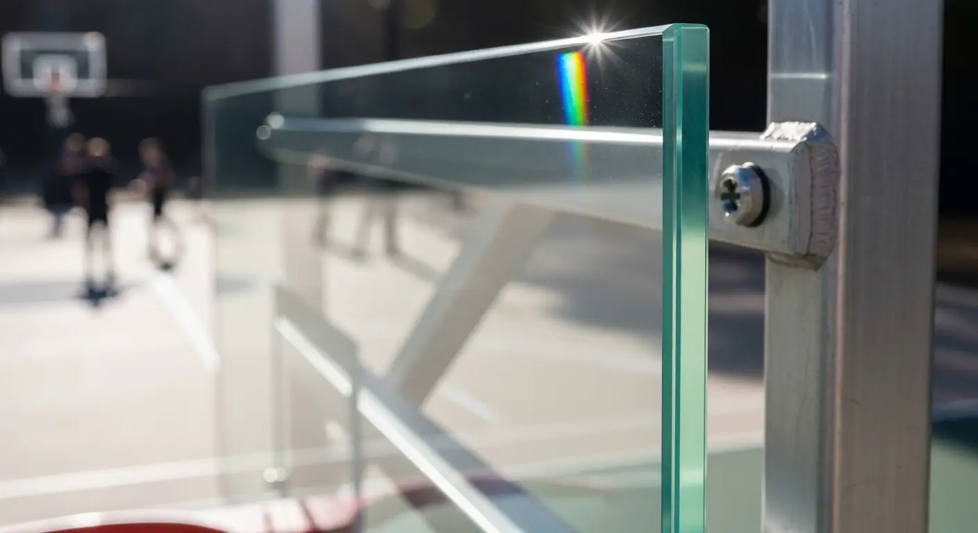 Edge view of a 1/2 inch thick tempered glass backboard showing the professional gym-quality construction.