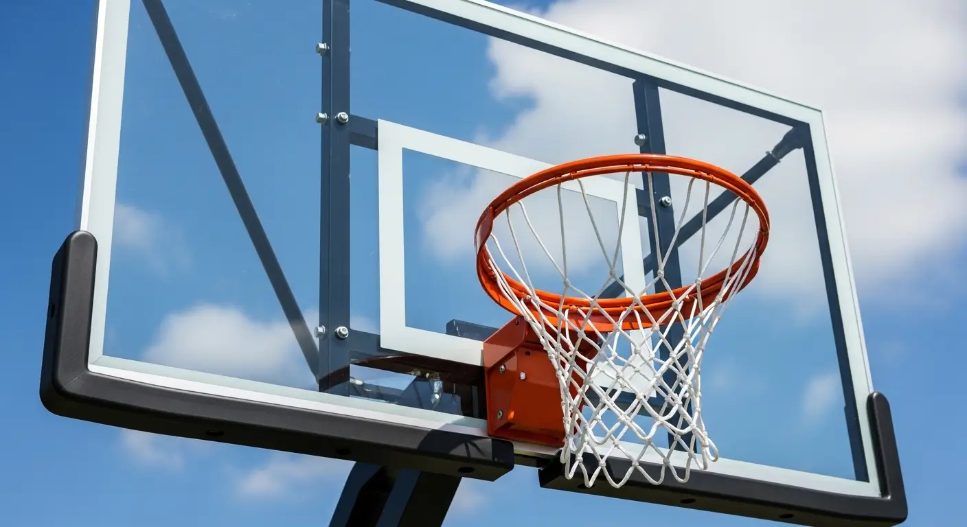A close-up of a high-quality tempered glass backboard on an in-ground basketball hoop, a key feature for the best outdoor basketball hoop for resale value.