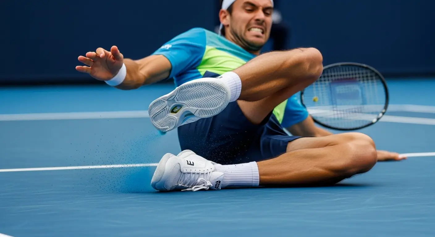 Tennis player sliding on a hard court with their trailing foot rolled inward, demonstrating medial drag biomechanics.