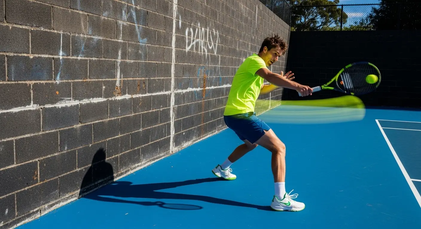 A tennis player practicing a backhand return against a DIY rebounder wall at a 45-degree angle.