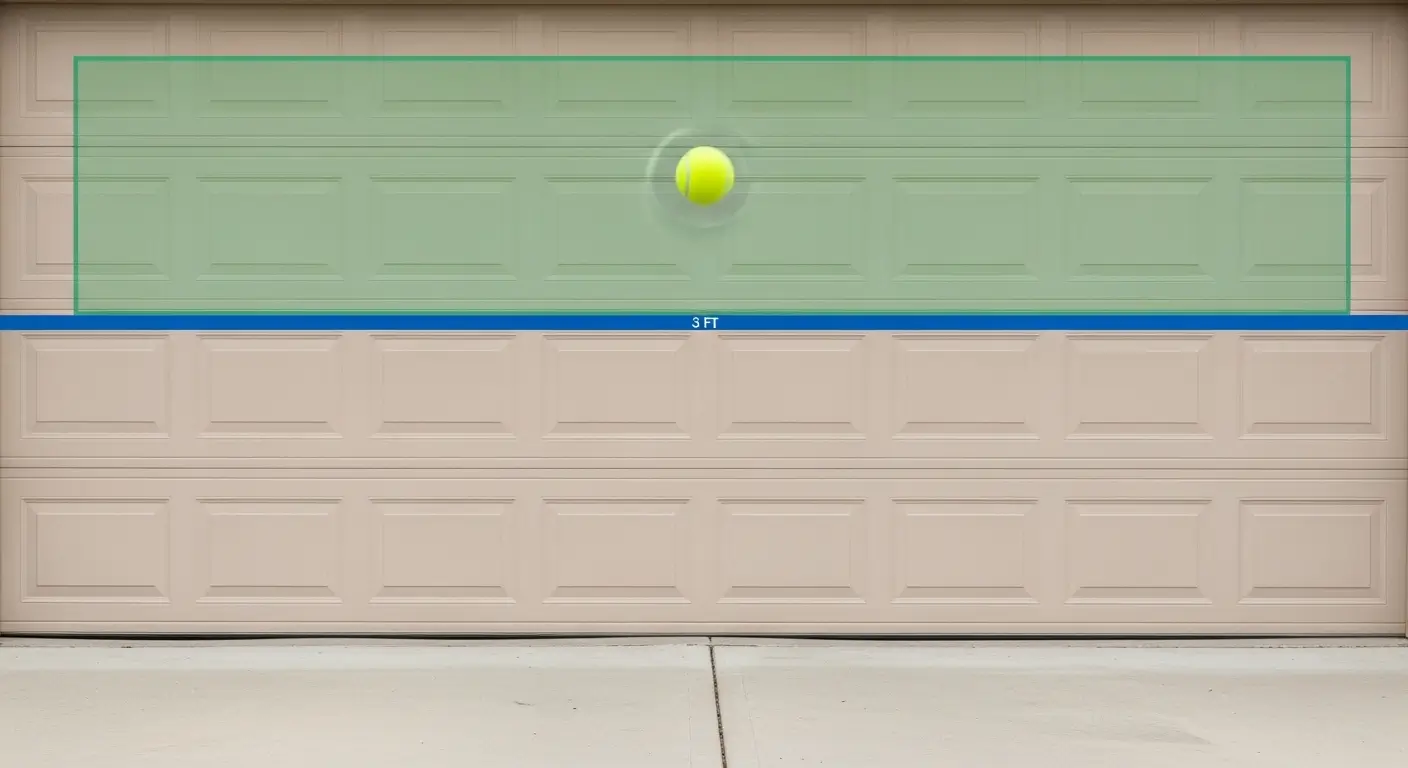 Diagram illustrating a tennis wall drill showing the optimal hitting window above the net-height tape line on a garage door.