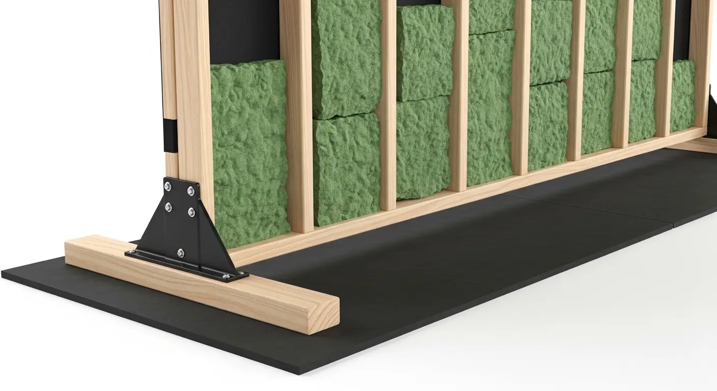 Internal view of a DIY tennis rebounder filled with rockwool insulation and rubber isolation pads at the base.