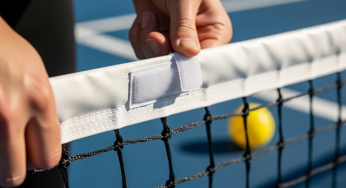Close-up shot of hands adjusting a heavy-duty nylon center strap on a portable pickleball net.