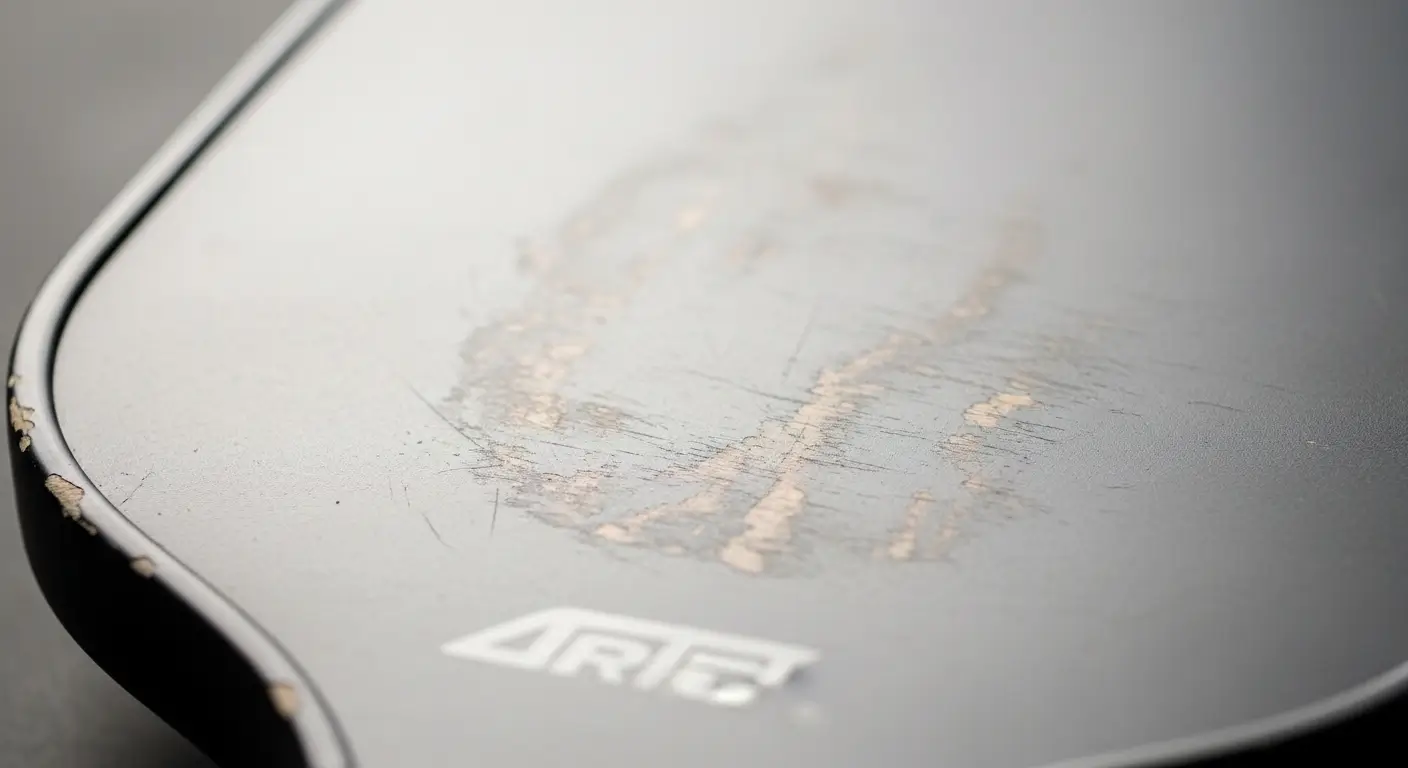 A worn-out pickleball paddle surface showing a lack of grip and texture due to ball dust accumulation