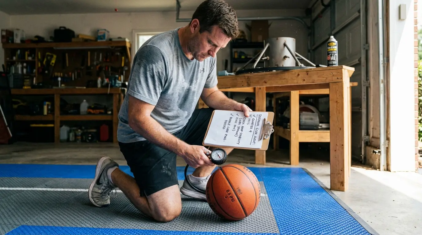 A candid photograph of an athlete in a garage performing a proactive maintenance check. They are using a pressure gauge on a basketball and inspecting a portable hoop's stability as part of a seasonal maintenance calendar.