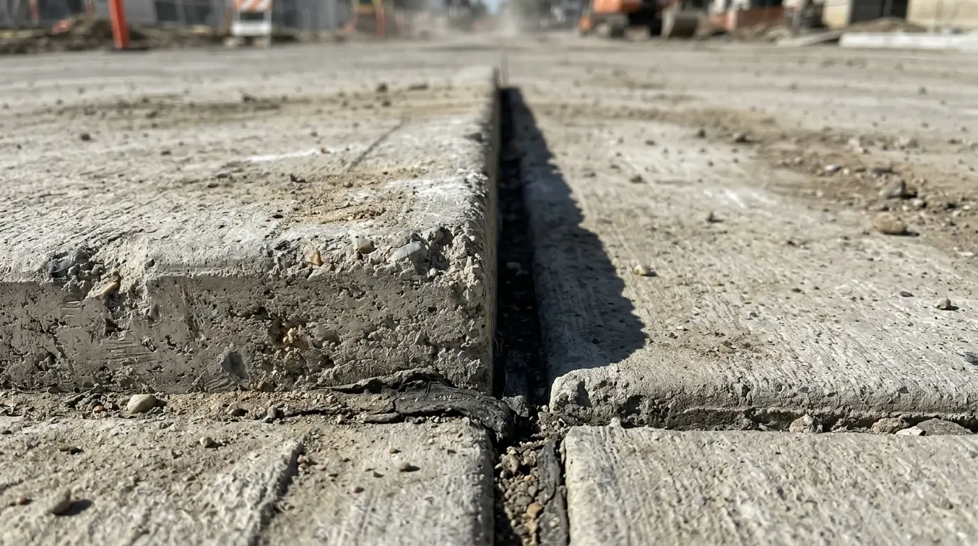 A lipped expansion joint causing a trip hazard on a concrete driveway.