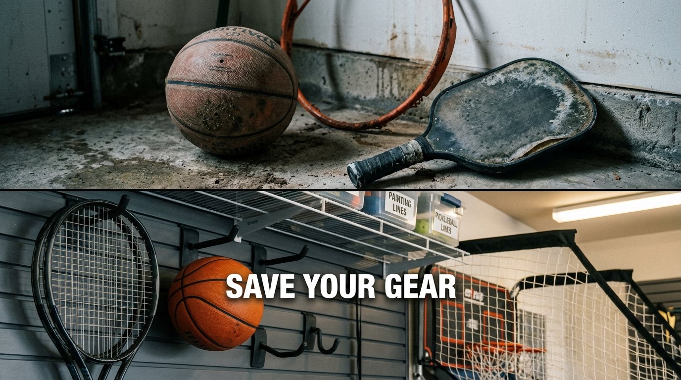 Comparison of rusted sports gear on a concrete floor vs. an organized 3-Zone Garage Sports Storage system.