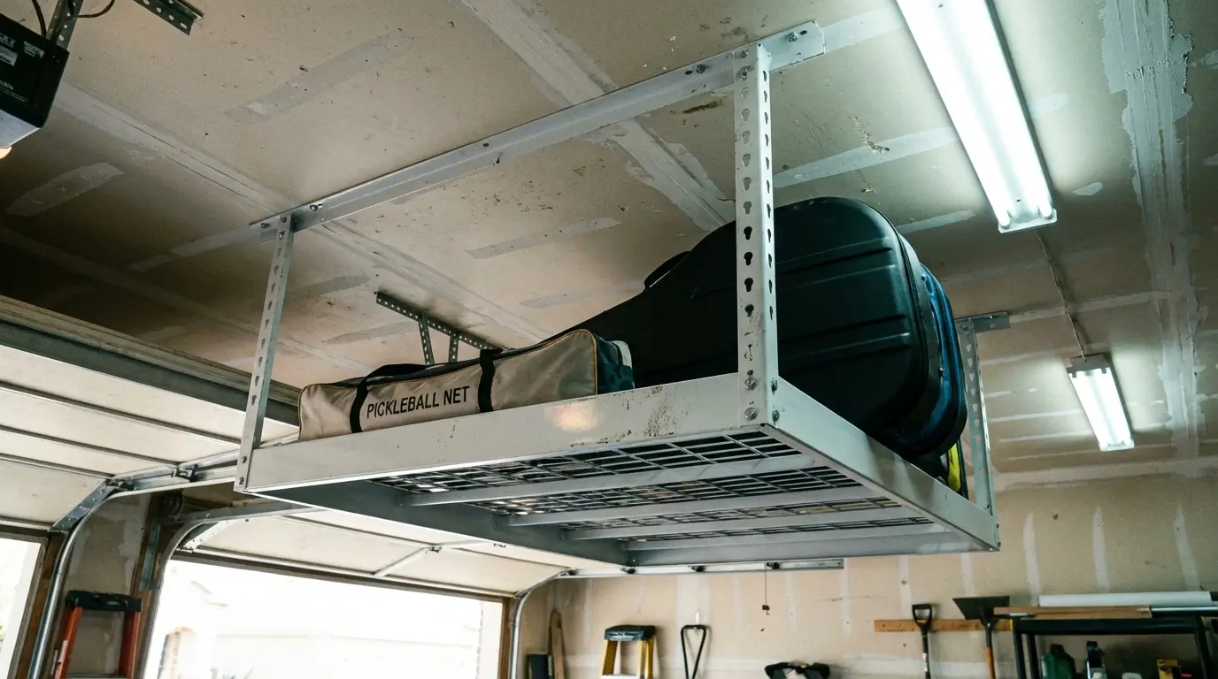 A heavy-duty motorized overhead ceiling rack in a garage storing off-season sports equipment, including a portable volleyball net and a protective travel case, keeping gear safe from floor-level moisture.