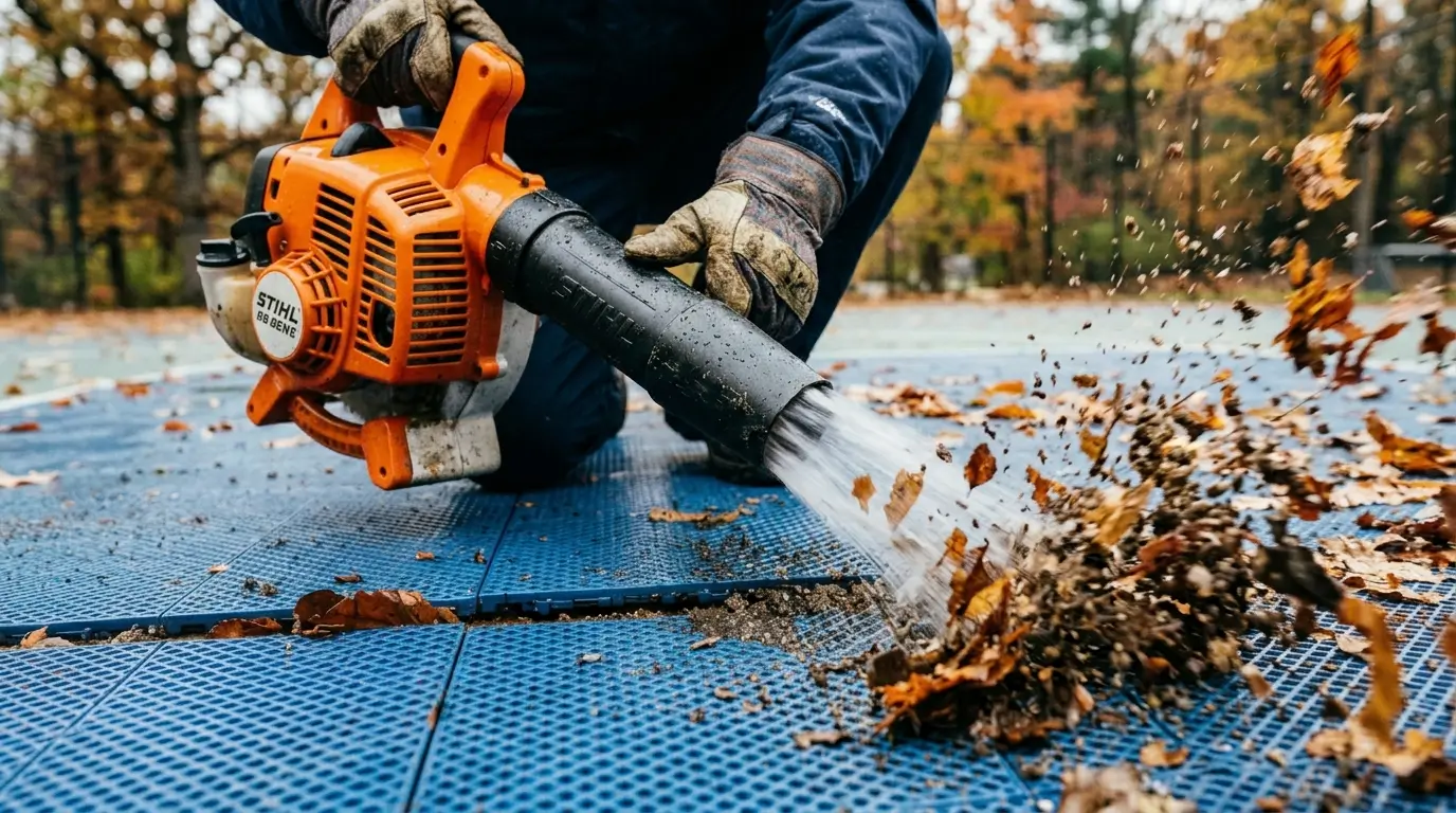 Using a leaf blower to clear debris from modular sport court tiles before winter freezing.