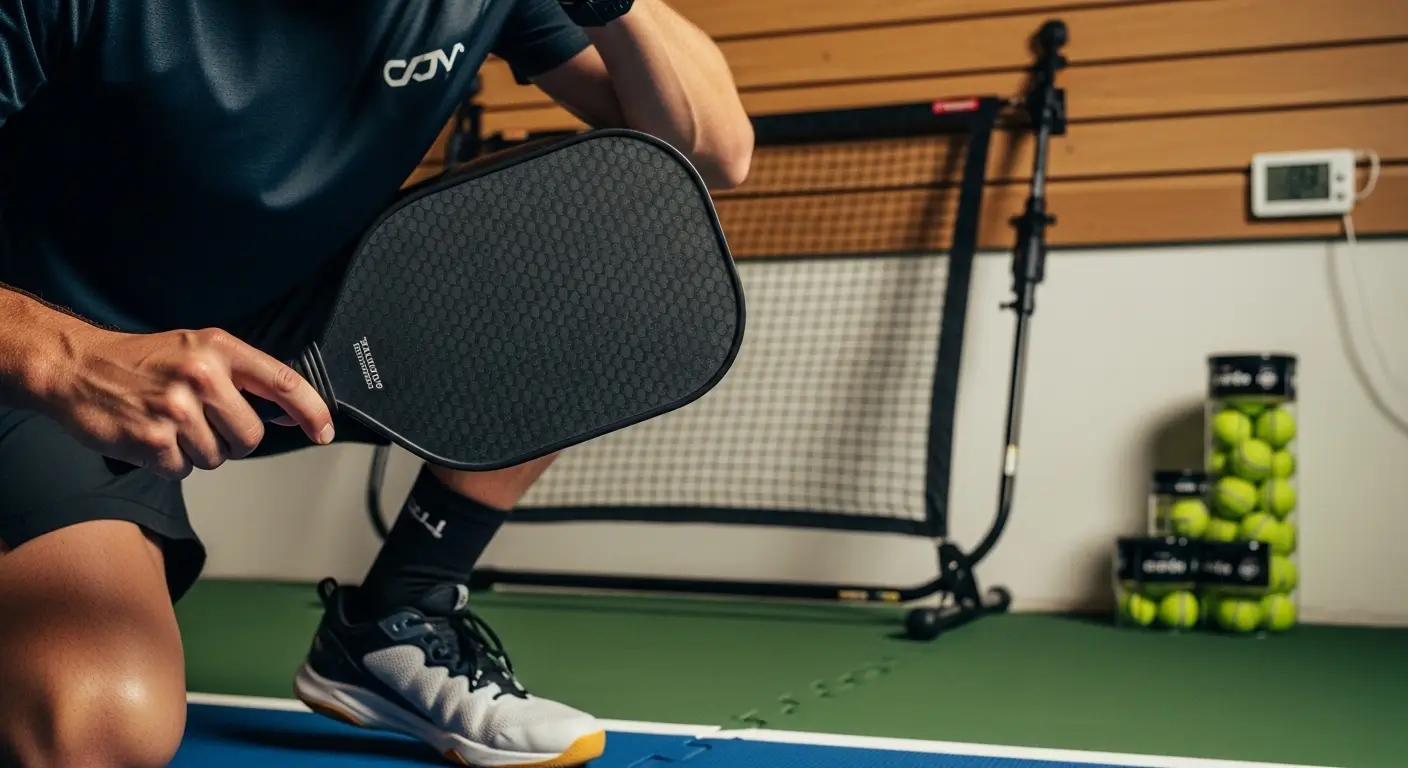 An active athlete performing a quarterly gear audit in an organized garage, inspecting a graphite pickleball paddle core and checking basketball inflation for the seasonal maintenance calendar.