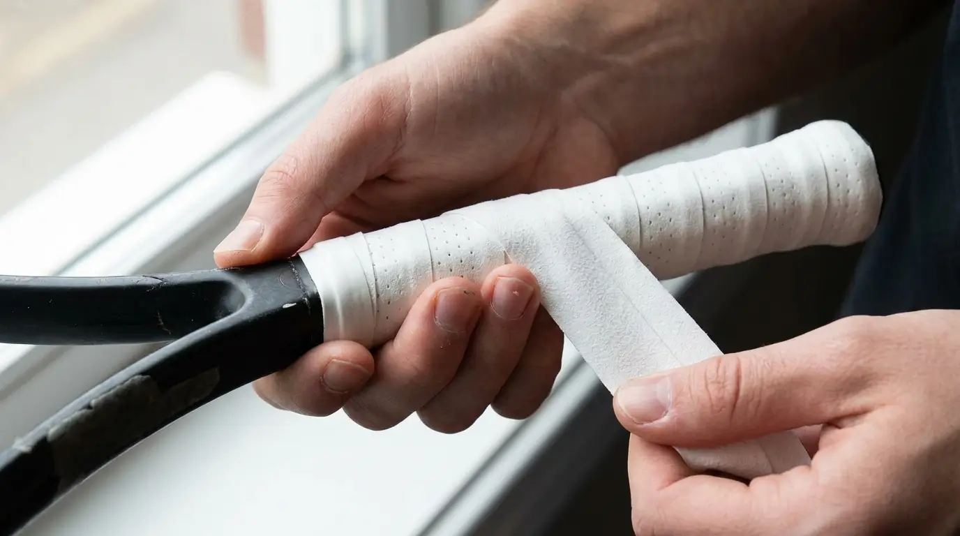 Wrapping a fresh white overgrip around a tennis racket handle to increase grip size and reduce elbow pain.