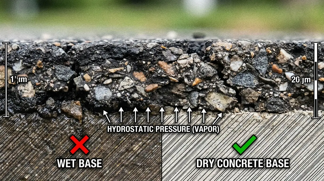 A scientific diagram showing how moisture vapor under asphalt can damage sport tile installations.