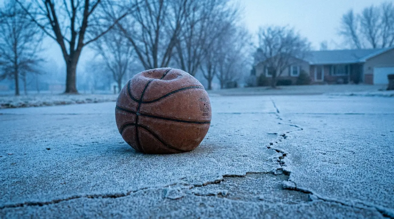 Deflated outdoor basketball on cold concrete showing thermal expansion and pressure loss.