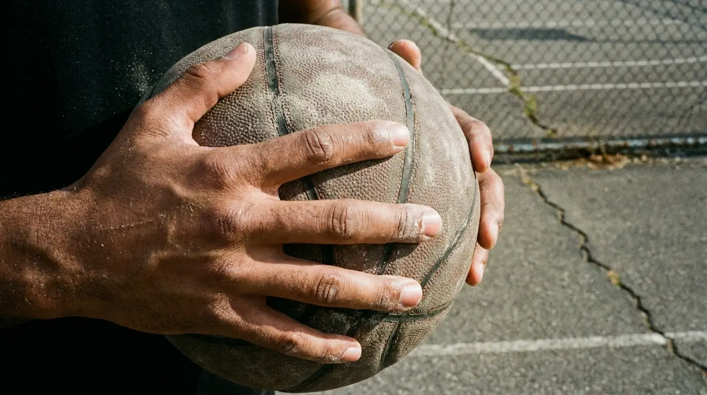 Player gripping a dusty outdoor basketball using deep channel design for control.
